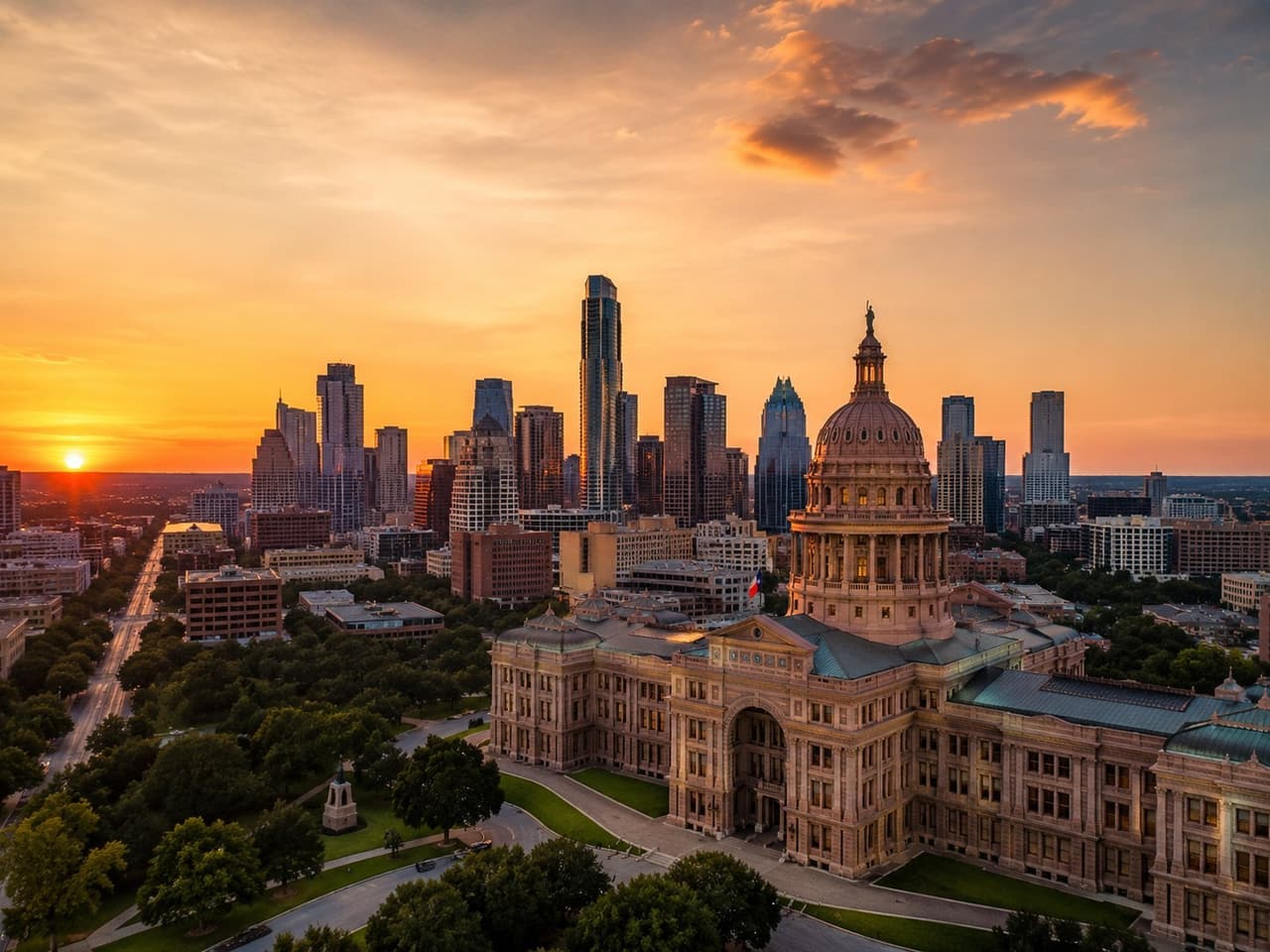 Austin Texas skyline at sunset with State Capitol building