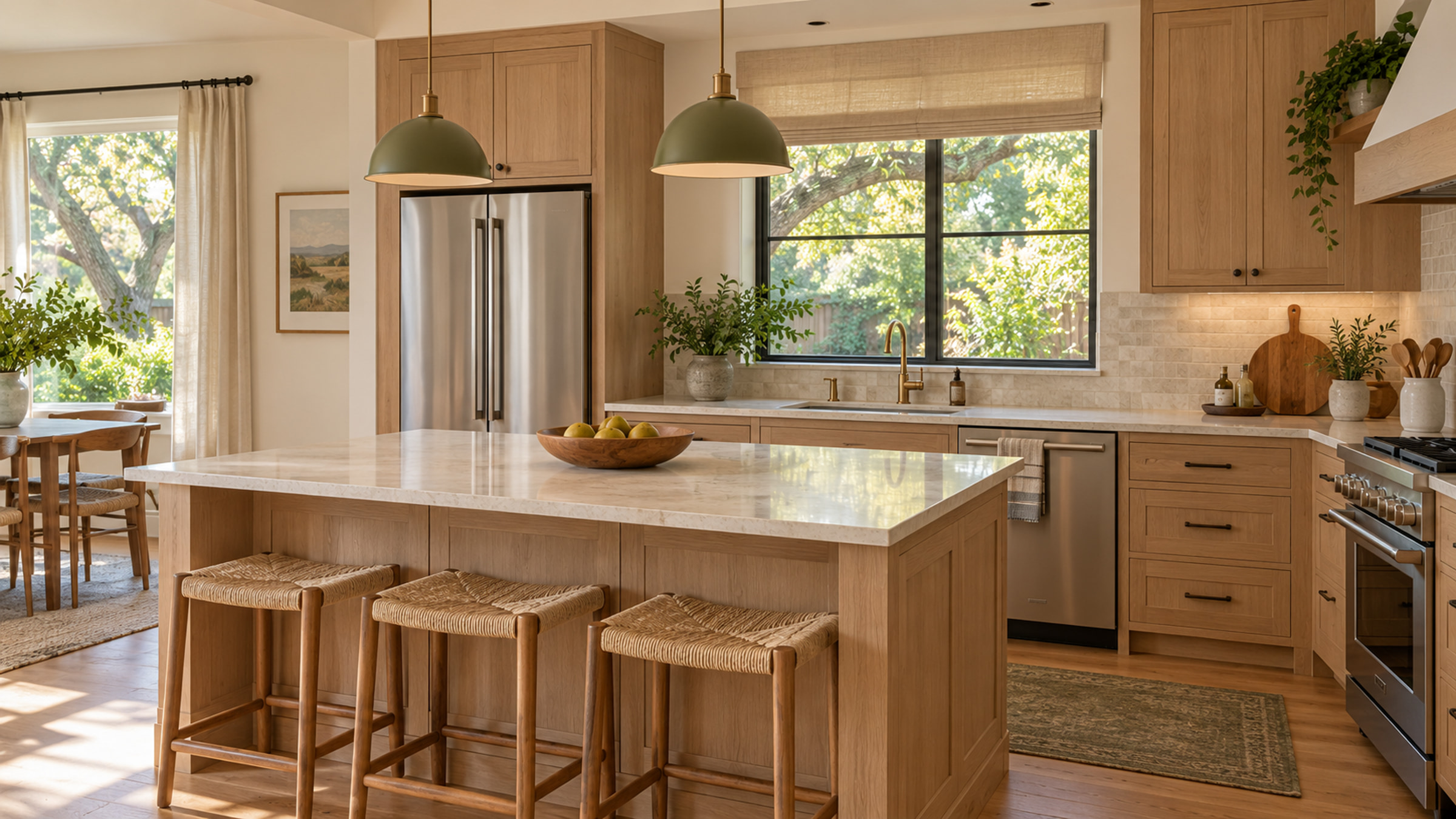 Clean family kitchen with light oak cabinets and a clear stone island.