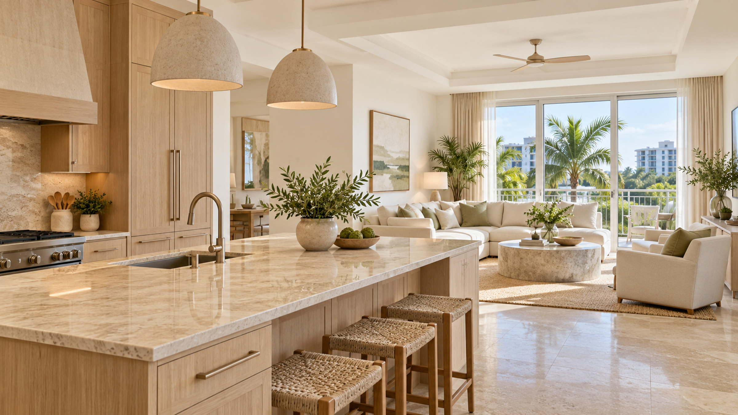 Light oak kitchen opening into a bright Boca Raton condo living room.