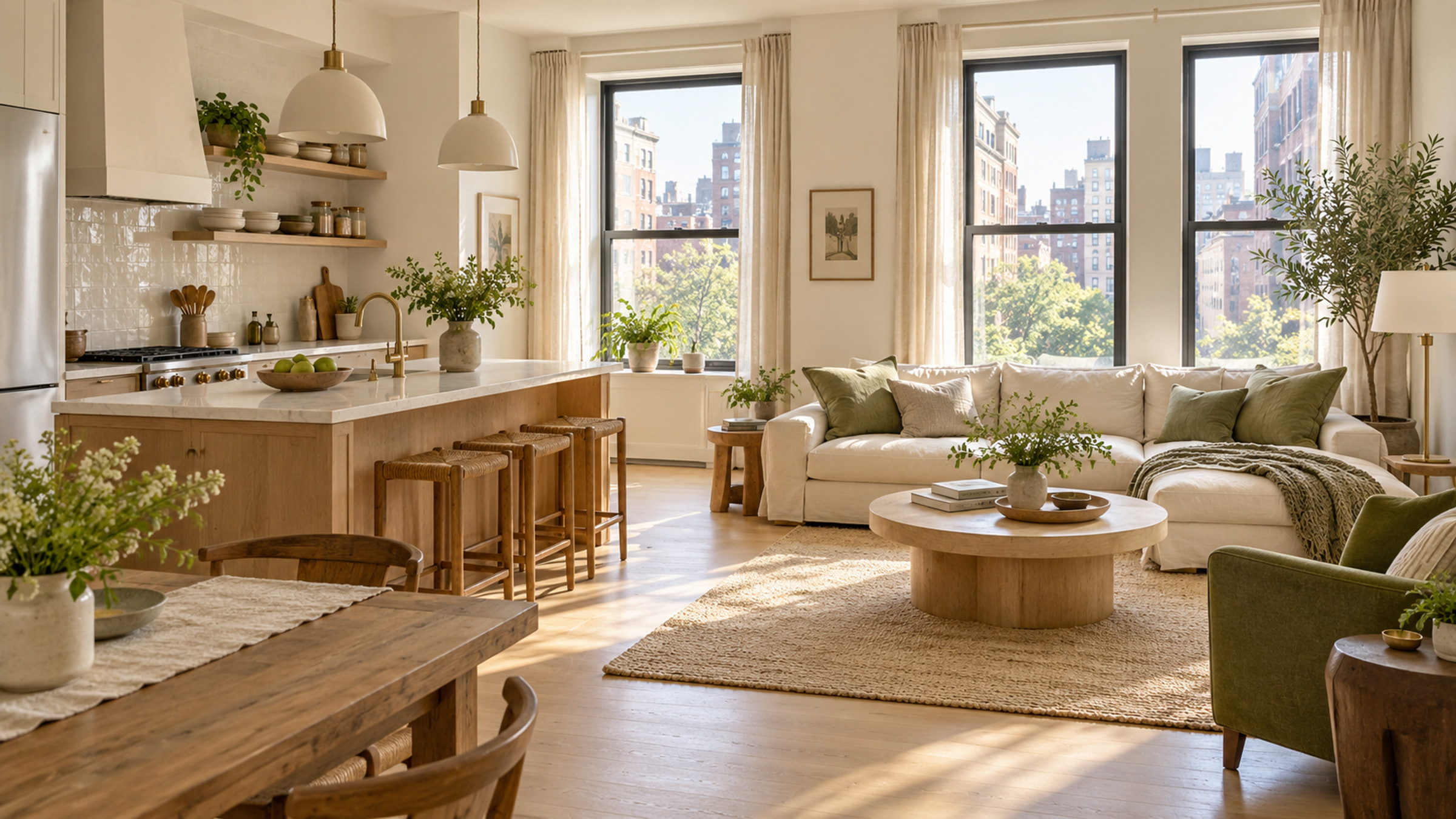 Sunlit New York apartment with a clean kitchen and living area.