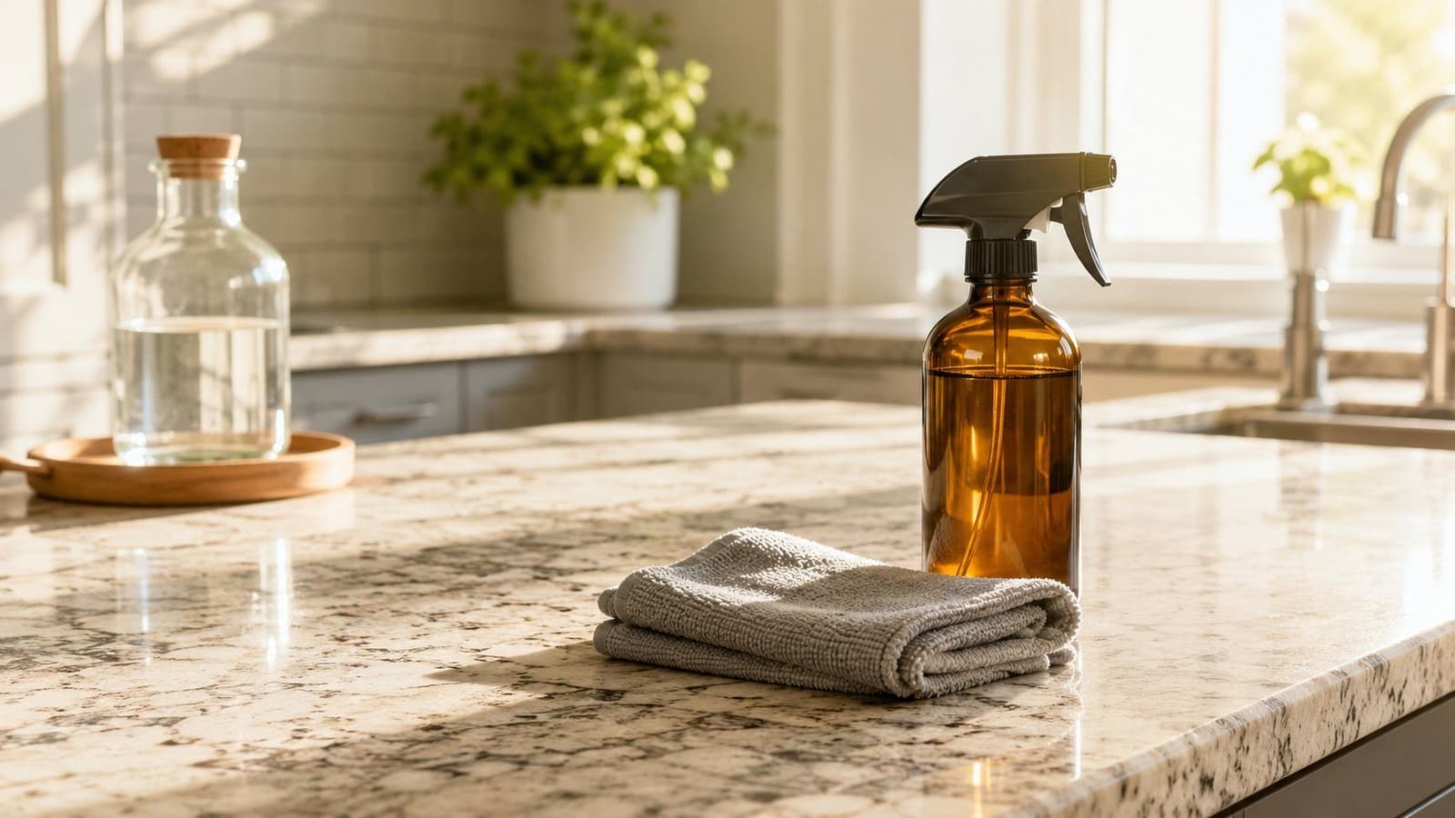 Amber spray bottle with stone-safe cleaner and microfiber cloths on a granite countertop