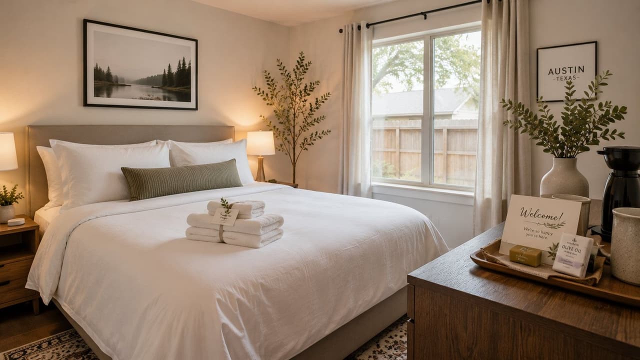Guest-ready vacation rental bedroom staged hotel-style