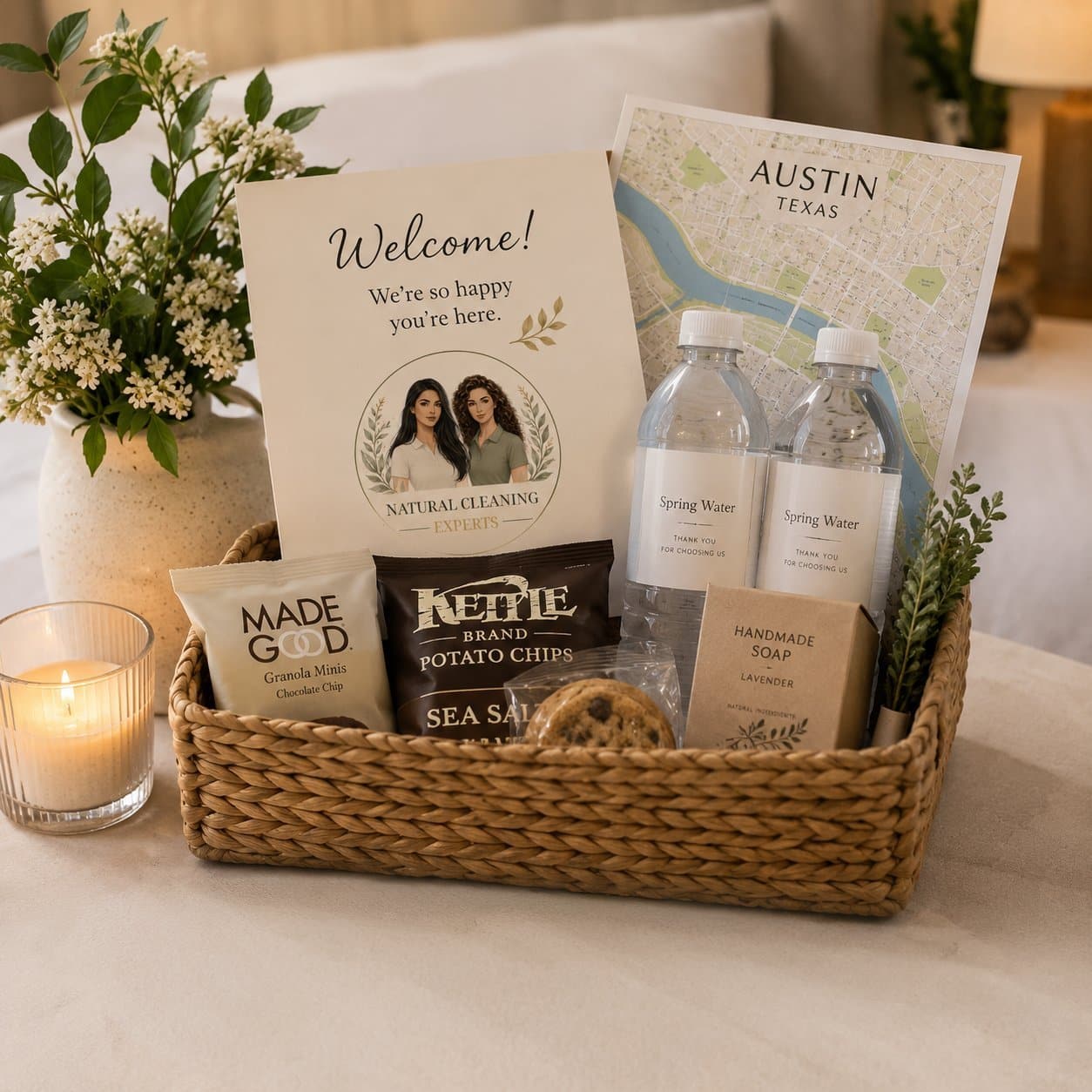 A staged welcome setup in a vacation rental — folded towels, fresh supplies, and a welcome basket arranged to match the listing photos