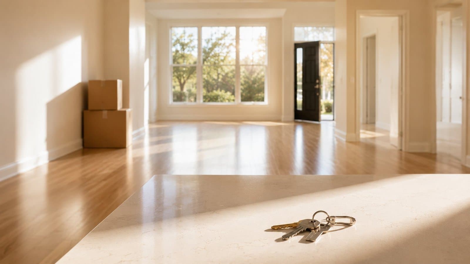 Empty sunlit room with keys after a move-out cleaning