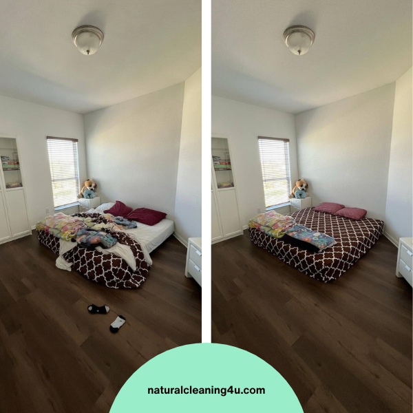 white bedroom with brown floor cleaning before and after